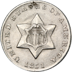 1851 Three (3) Cent Silver - Mark 12 O&#39;Clock