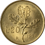 Italy 1958-R Twenty (20) Lire KM#97.1 UNC