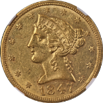 1847-P Over &#39;7&#39; Liberty Gold $5 NGC AU58 Great Eye Appeal Strong Strike