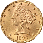 1899-P Liberty Gold $5 NGC MS65 Nice Eye Appeal Strong Strike Nice Luster