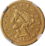 1867-S Liberty Gold $2.50 NGC XF40 Nice Eye Appeal Nice Strike