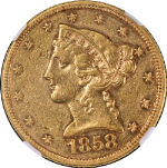 1858-P Liberty Gold $5 No Motto NGC AU Details Nice Eye Appeal Nice Strike