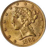 1886-S Liberty Gold $5 PCGS AU58 Great Eye Appeal Strong Strike