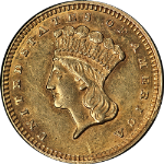 1873 Ty 3 Indian Princess Gold $1 &#39;Open 3&#39; Nice AU/BU Nice Eye Appeal