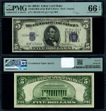 FR. 1654 Wii $5 1934-D Silver Certificate U-A Block Wide 2 Gem PMG CU66 EPQ