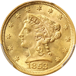 1853-P Liberty Gold $2.50 CAC Sticker PCGS MS64 Superb Eye Appeal Strong Strike