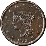 1839 Large Cent &#39;Head of 1840&#39; Choice AU/BU N.8 R.1 Superb Eye Appeal