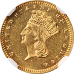 1873 Type 3 Indian Princess Gold $1 Open 3 NGC MS61 Nice Eye Appeal Nice Strike