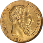 1877 Belgium Gold 20 Franc Leopold II AU