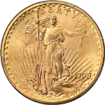 1908-P Saint-Gaudens Gold $20 No Motto - Wells Fargo PCGS MS65+ Strong Strike