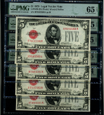 FR. 1525 $5 1928 Legal Tender B-A Block Gem PMG CU64 EPQ - 5pc CONSEC