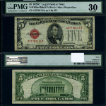 FR. 1528 M $5 1928-C Legal Tender Mule G-A Block PMG VF30 BP #637