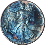 1987 Silver American Eagle $1 Artificial Toning: Iridescent Blues