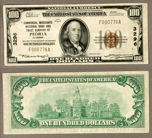 Peoria IL $100 1929 T-1 National Bank Note Ch #3296 Commercial ...