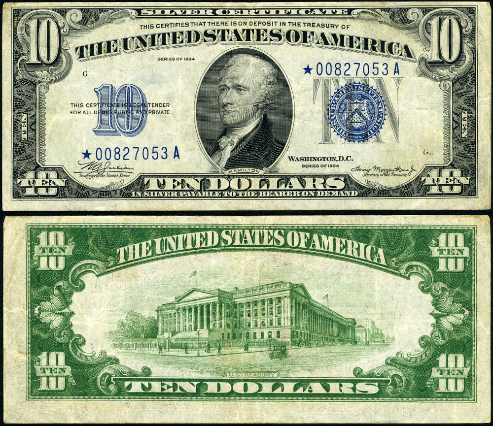 FR. 1701* $10 1934 Silver Certificate Non-Mule *-A Block VF Star