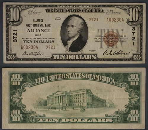 Alliance OH $10 1929 T-2 National Bank Note Ch #3721 Alliance First NB ...